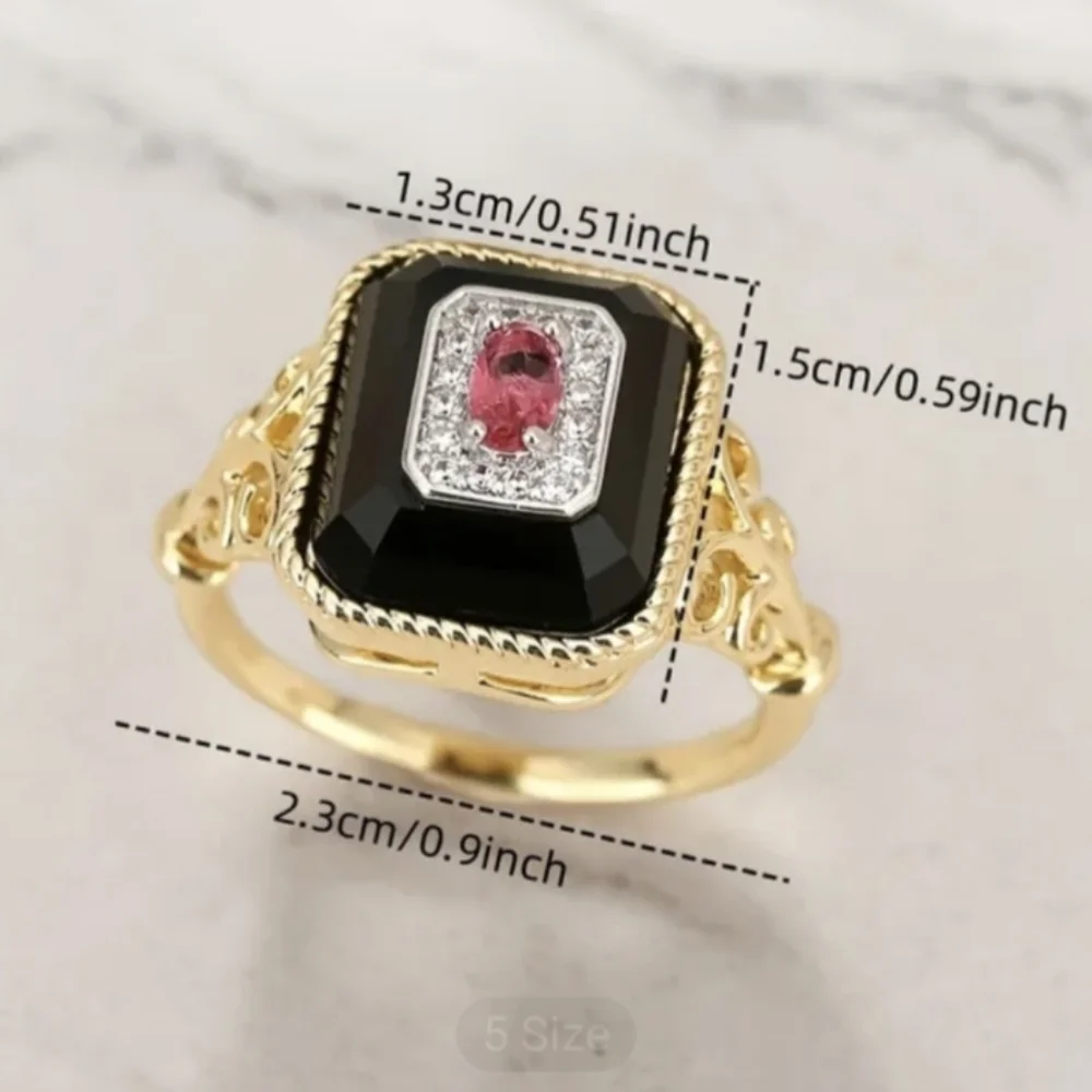 Onyx Base Red & Clear Zirconia Stones RingArt Decor Gold Oblong Style Sz 6 NWT